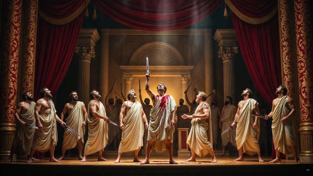 Victorian theatrical painting of Shakespeare’s Julius Caesar assassination scene in the style of William Holmes Sullivan