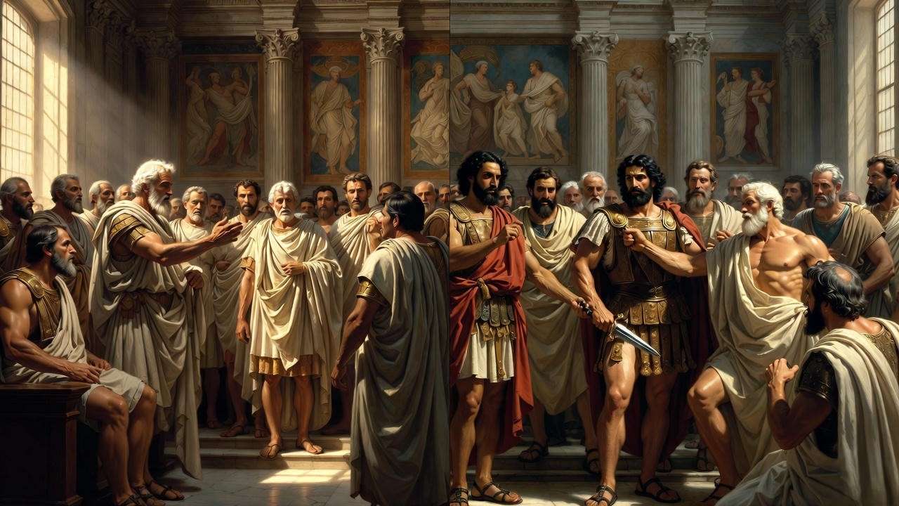 Visual comparison of Shakespeare vs Plutarch versions of Julius Caesar assassination scene in paintings