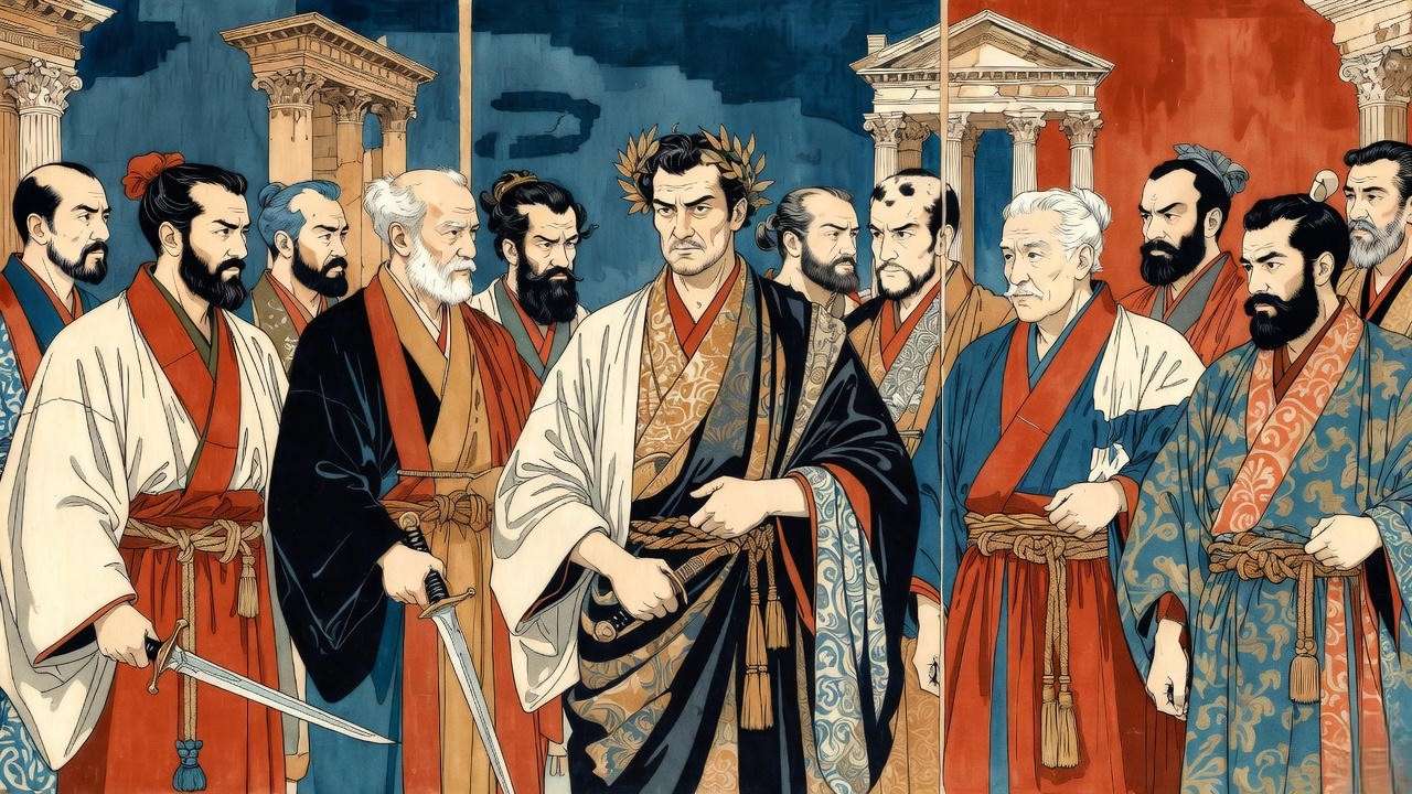 Japanese Meiji-period interpretation of Shakespeare’s Julius Caesar assassination in ukiyo-e style