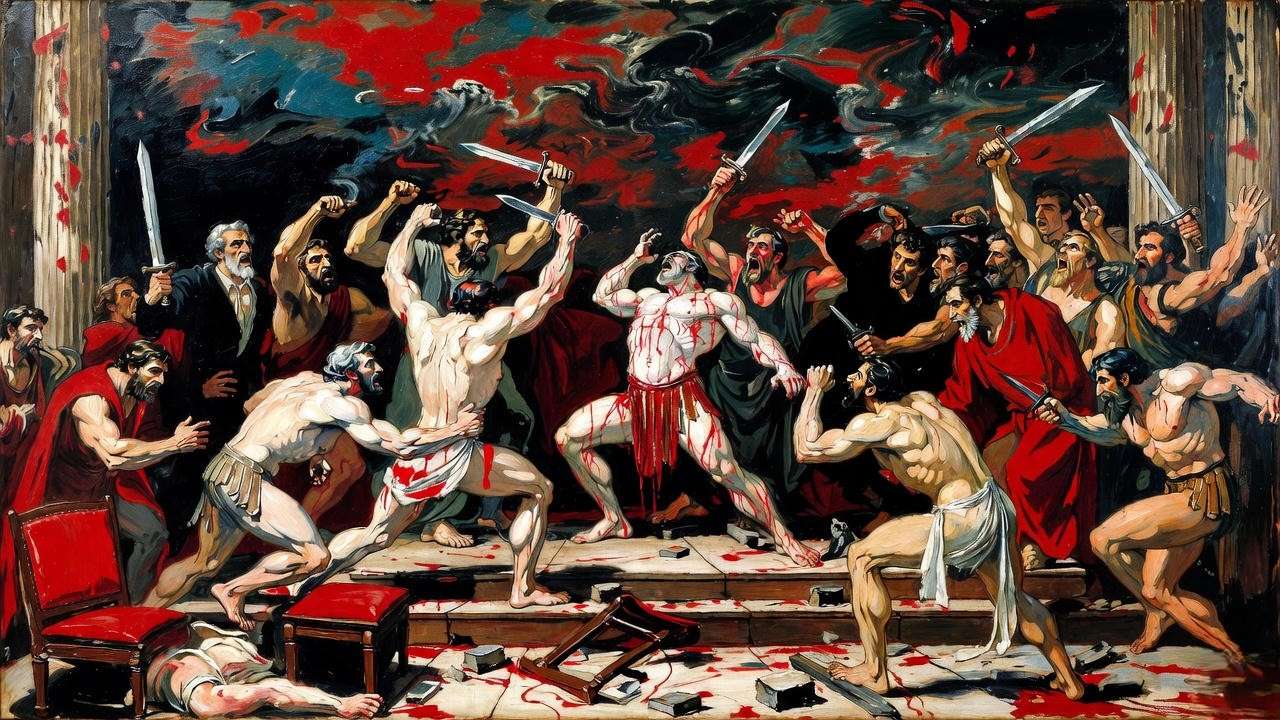 Renato Guttuso Le Idi di Marzo 1960, expressionist Shakespeare-inspired Julius Caesar assassination painting