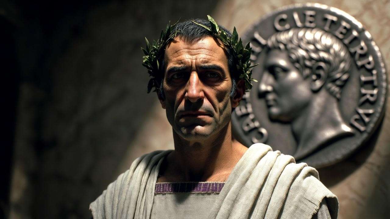 Julius Caesar as Dictator Perpetuo – realistic portrait with historical Roman coin showing his actual lifetime title