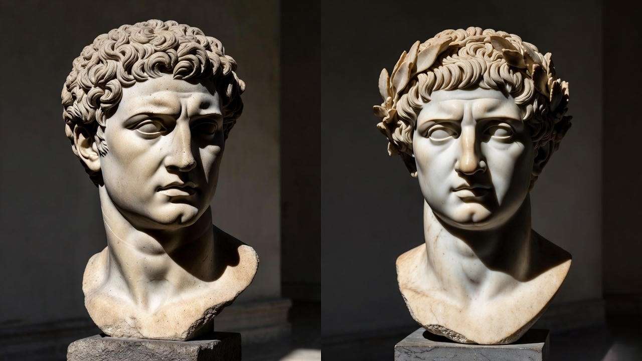 Julius Caesar vs Augustus marble busts – republican vs imperial Roman portrait styles