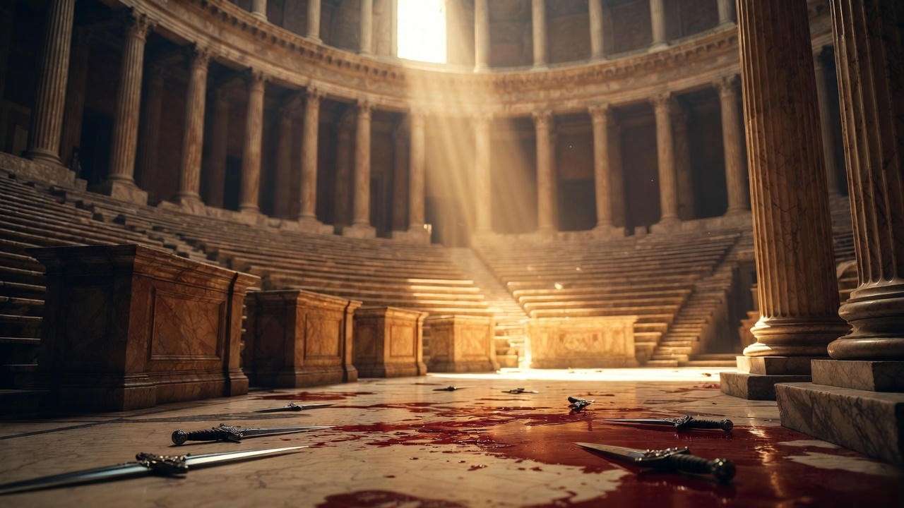 Blood on the Senate floor after the assassination of Julius Caesar – Theatre of Pompey 44 BC