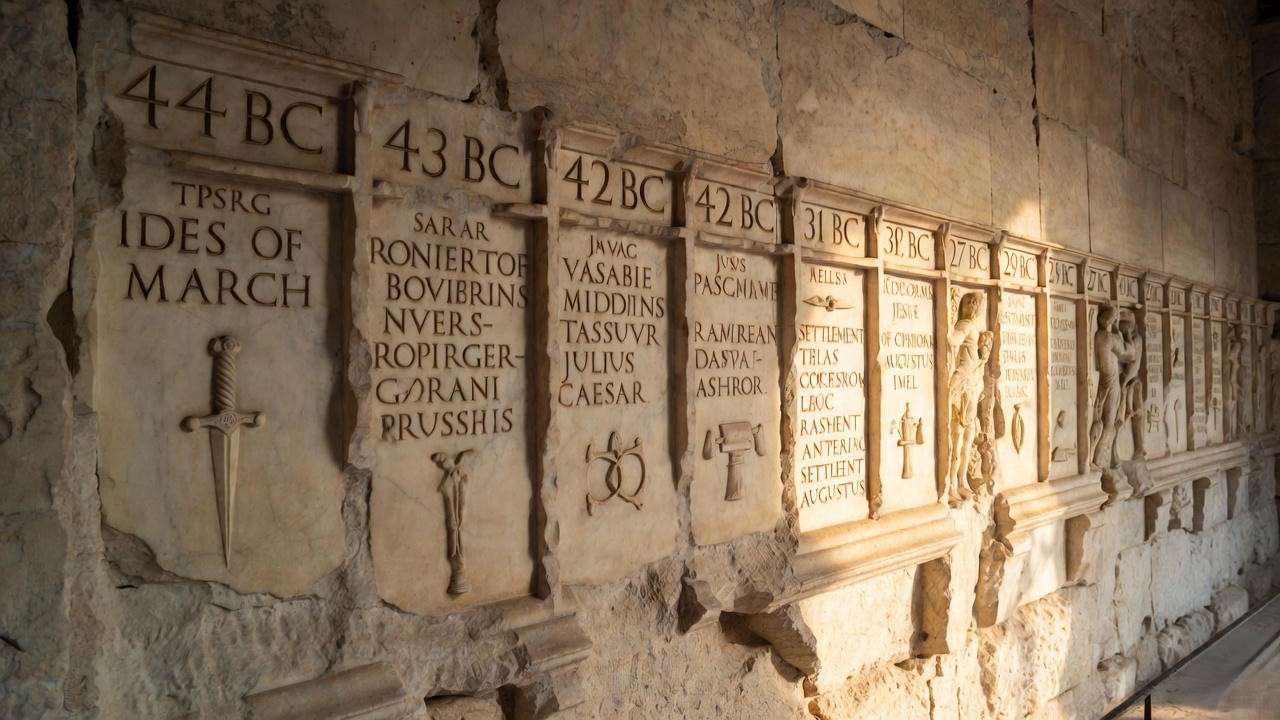 Stone-carved timeline from assassination of Caesar 44 BC to founding of Roman Empire 27 BC