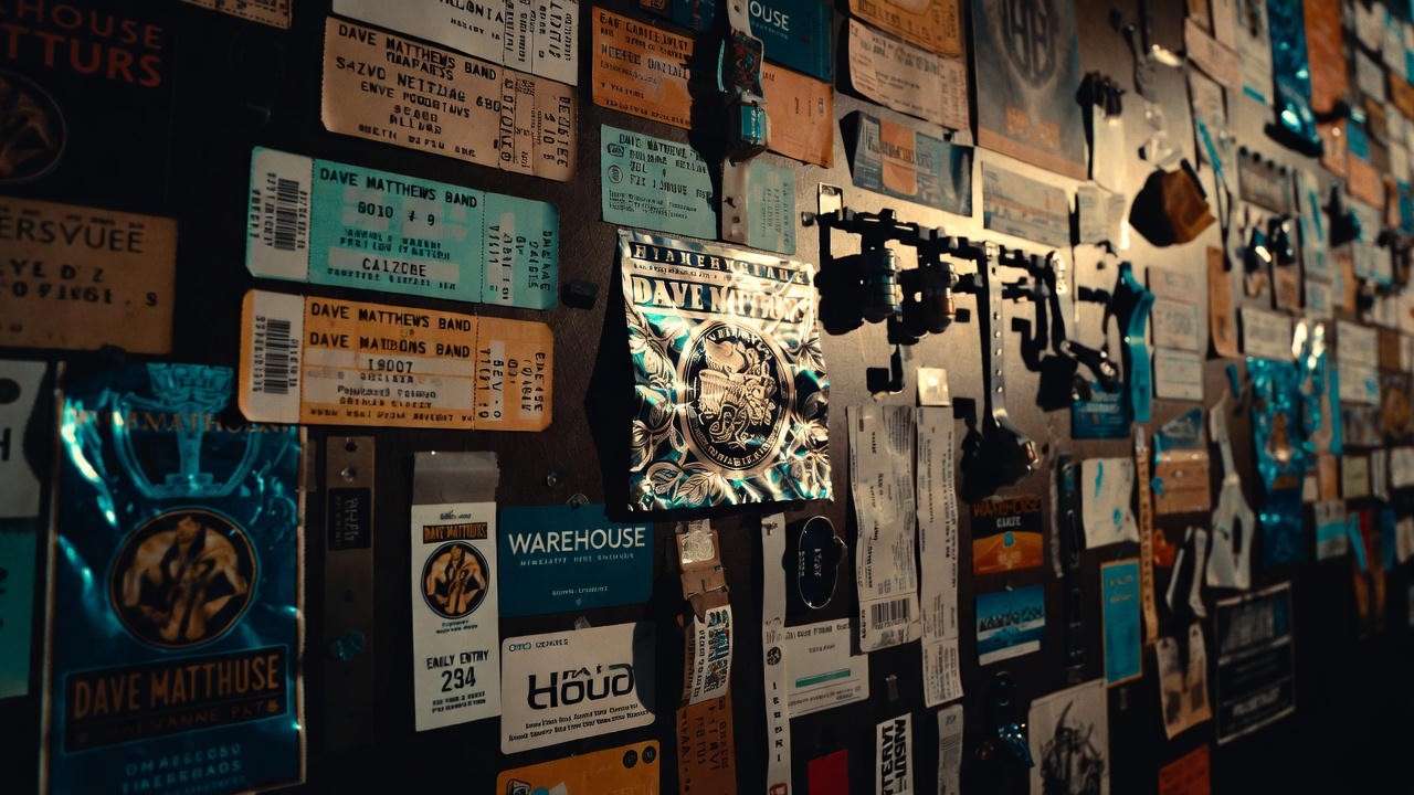 Vintage and current Dave Matthews Band Warehouse tickets and memorabilia wall display