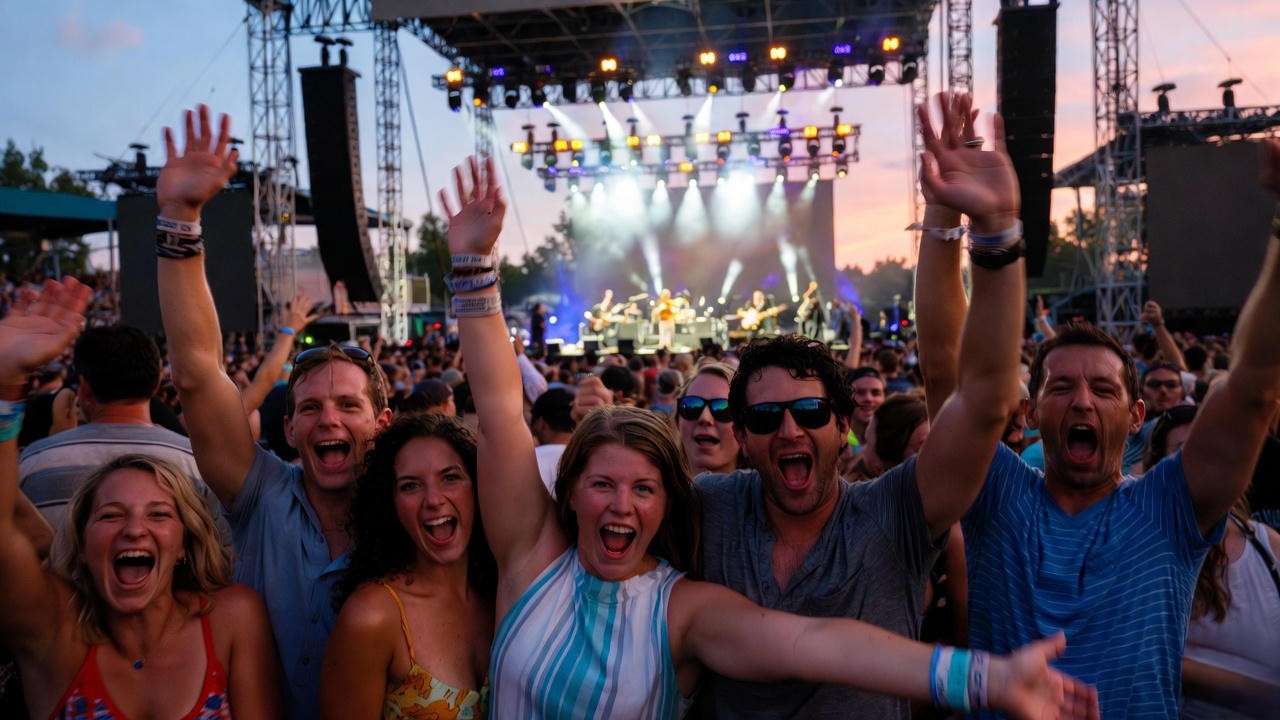 DMB fans with Warehouse early-entry wristbands celebrating in the front row