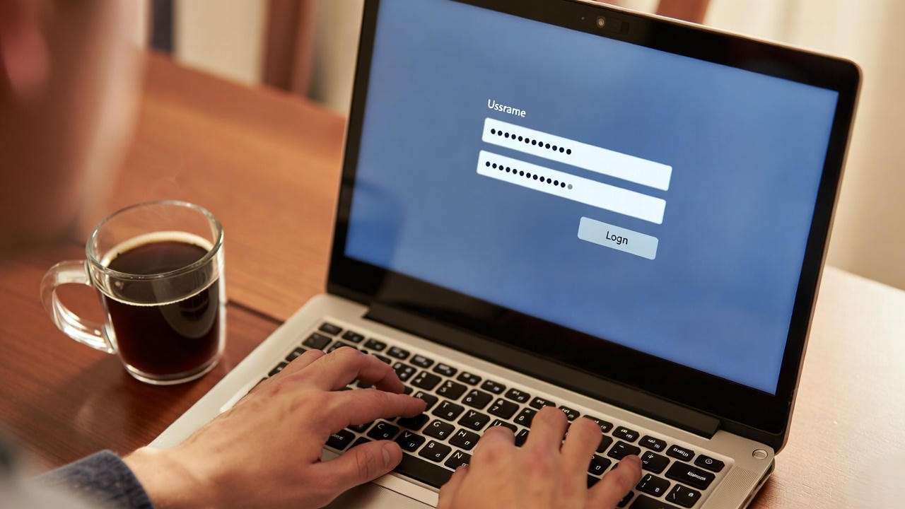 Hands typing login credentials on laptop for Dave Matthews Warehouse account