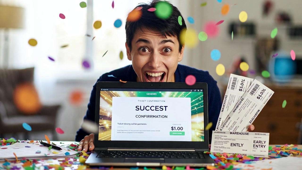 DMB fan celebrating after successfully requesting Warehouse tickets