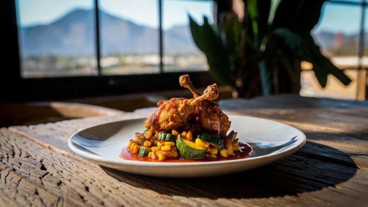 Signature blue-corn quail dish at SkyFire restaurant Bishop’s Lodge Santa Fe New Mexico
