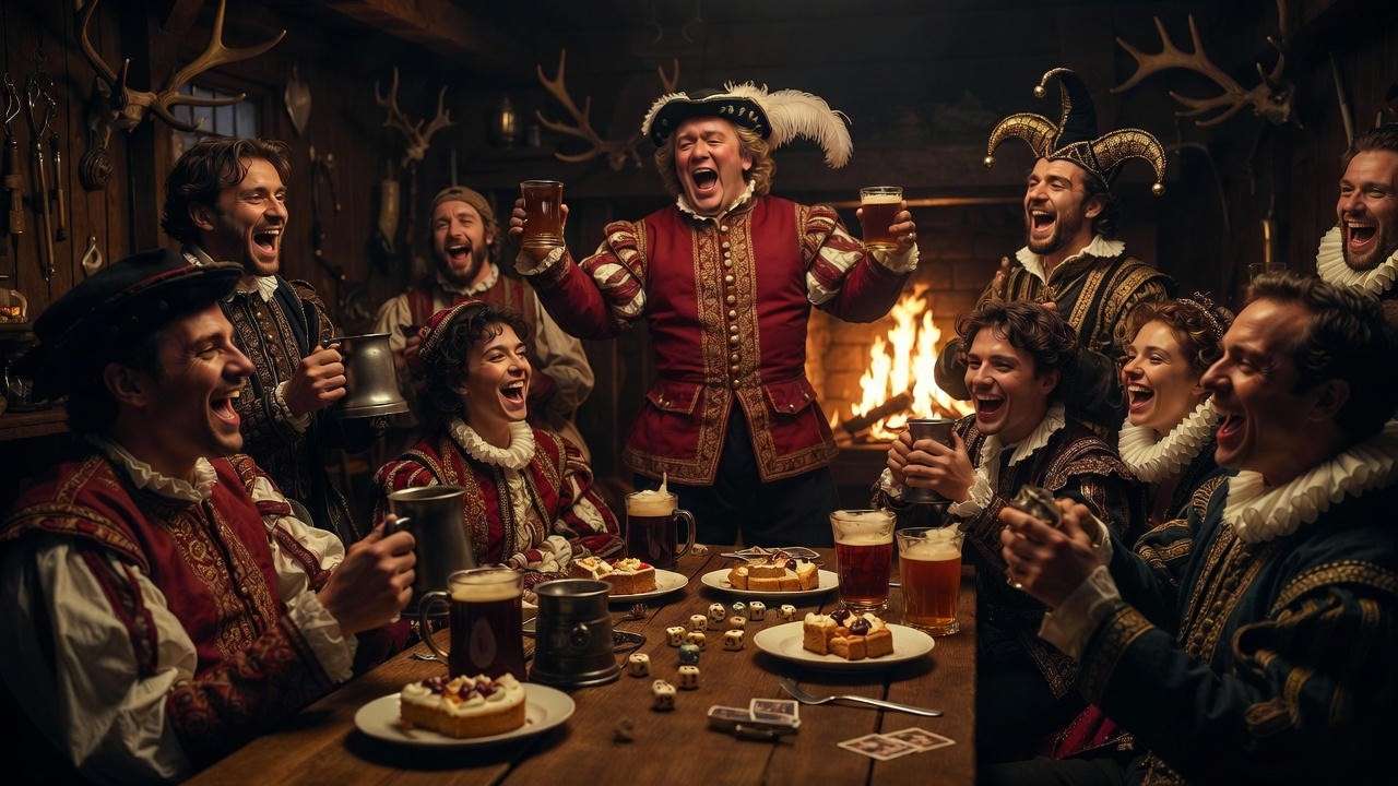 Midnight “cakes and ale” catch-singing scene directly inspired by The Revelry North End tavern, 1600