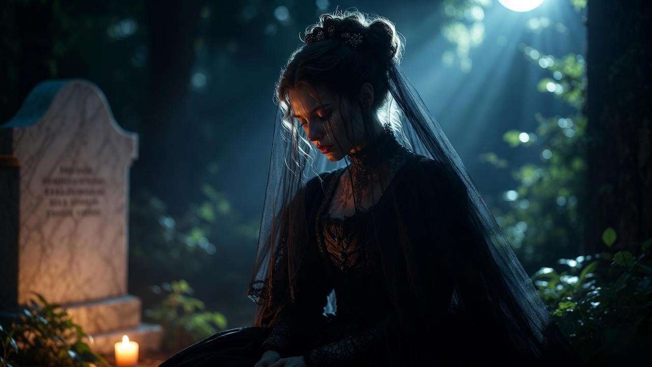 Olivia in mourning beside her brother’s tomb in Twelfth Night – grief and independence visualized