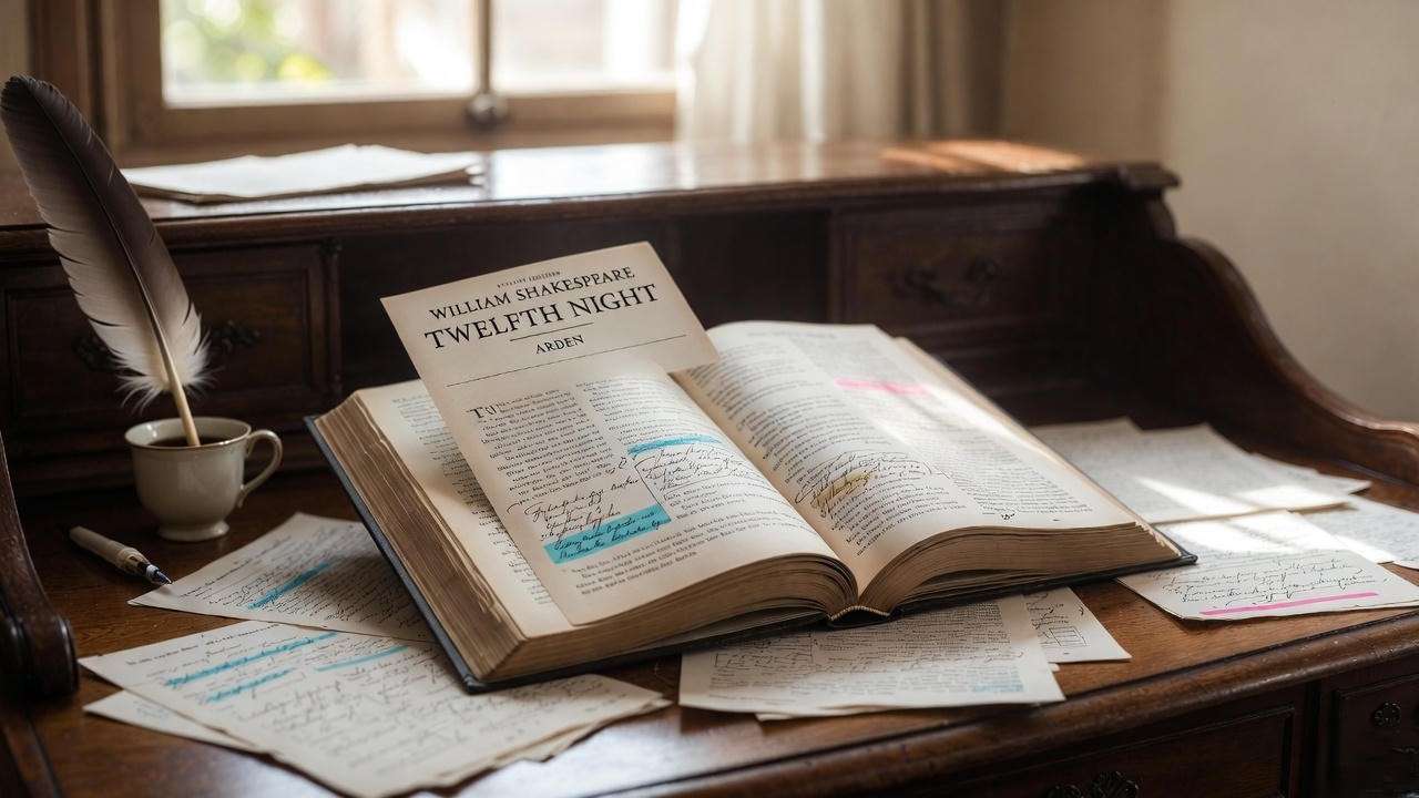 Twelfth Night study desk with annotations and notes – perfect for A-Level and AP students