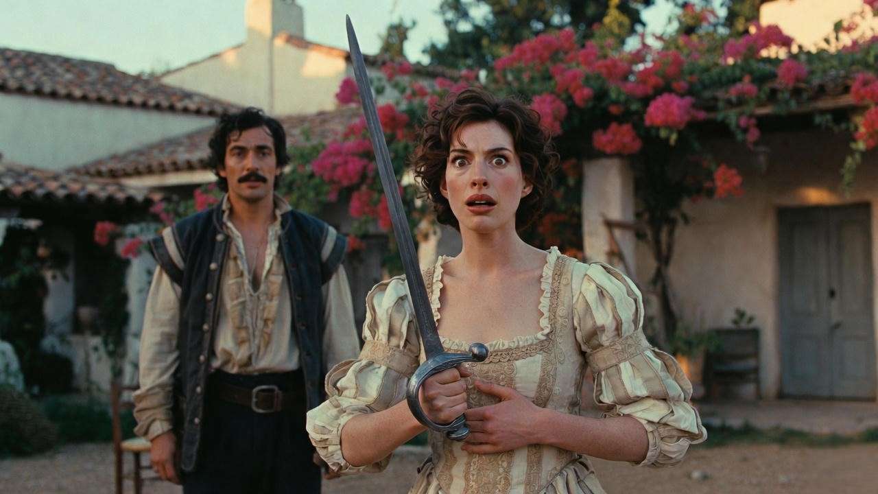 Anne Hathaway as terrified Cesario in the duel scene – Twelfth Night 2009