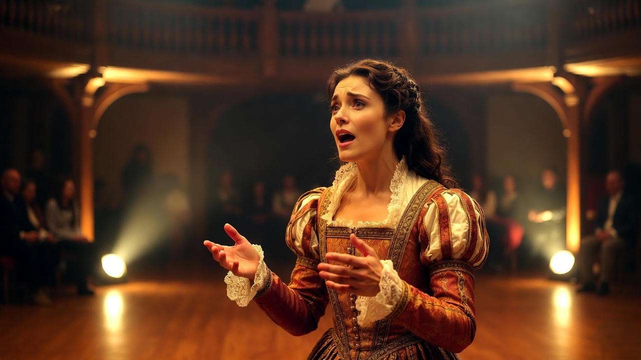 "Actress performing Viola’s willow cabin speech on stage – iconic Twelfth Night moment"