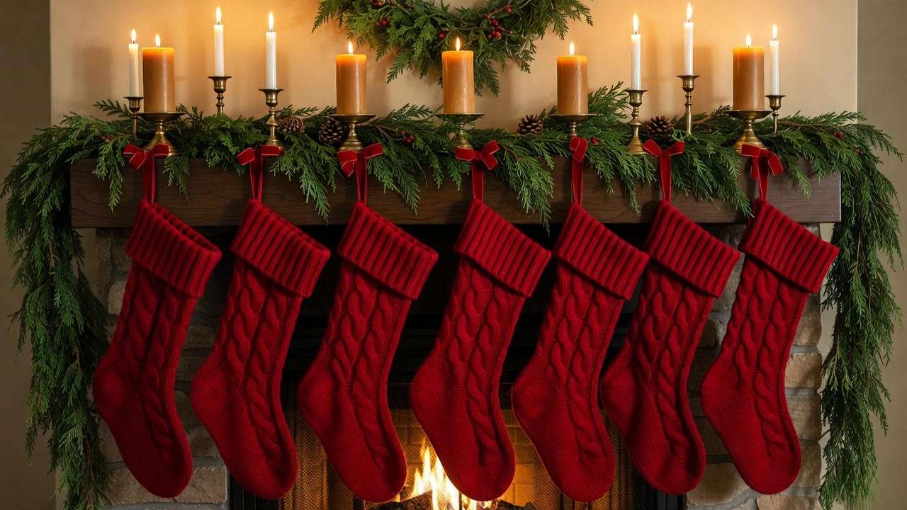 Symmetrical traditional mantel styling with classic red cable-knit Christmas stockings and fresh garland