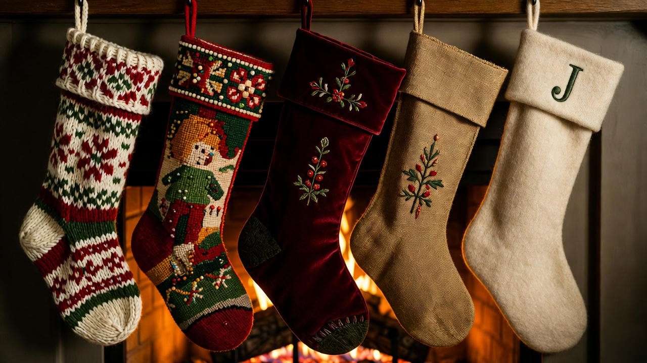 Multi-generational family classic Christmas stockings displayed together on fireplace mantel