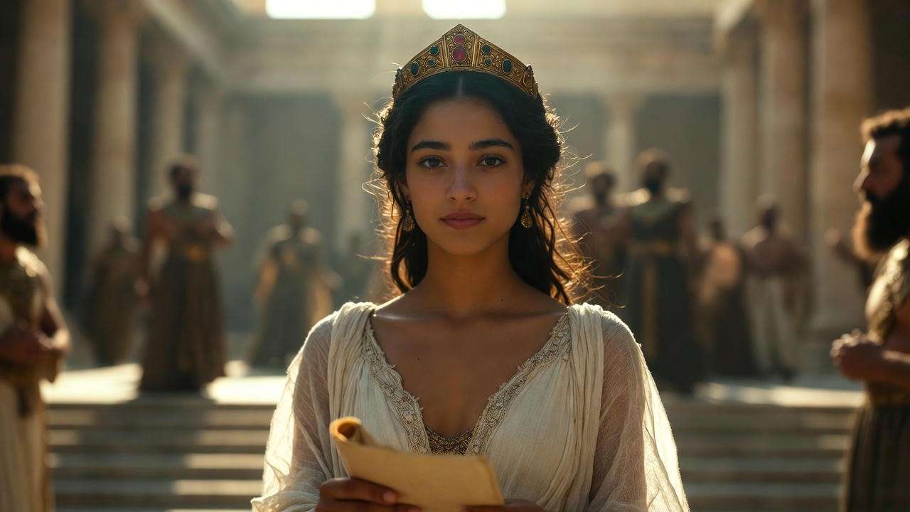 Young Cleopatra VII seizing power at 18 in Alexandria palace, symbolizing her first major political victory