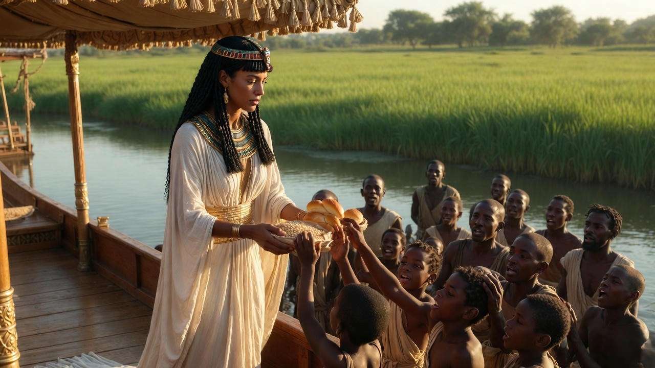 Cleopatra distributing grain to Egyptians during the great famine, demonstrating her care for her people