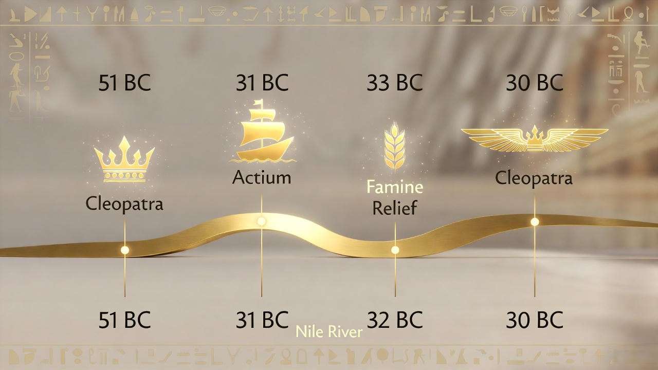 Visual timeline of Cleopatra’s 21-year reign and major accomplishments along the Nile
