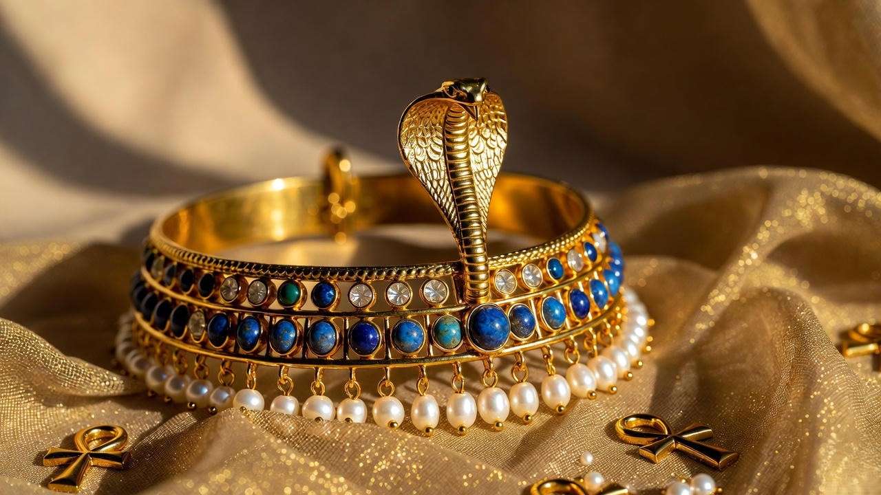 Authentic Shakespearean Cleopatra headpiece with golden cobra diadem for Halloween costume