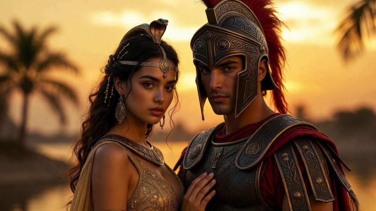 Cleopatra and Mark Antony couples costume coordinated gold and red Shakespearean design