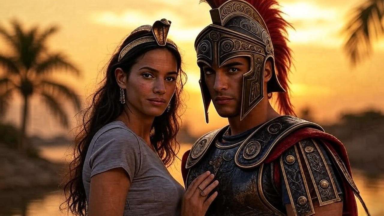 Before and after Cleopatra Mark Antony costume transformation Halloween