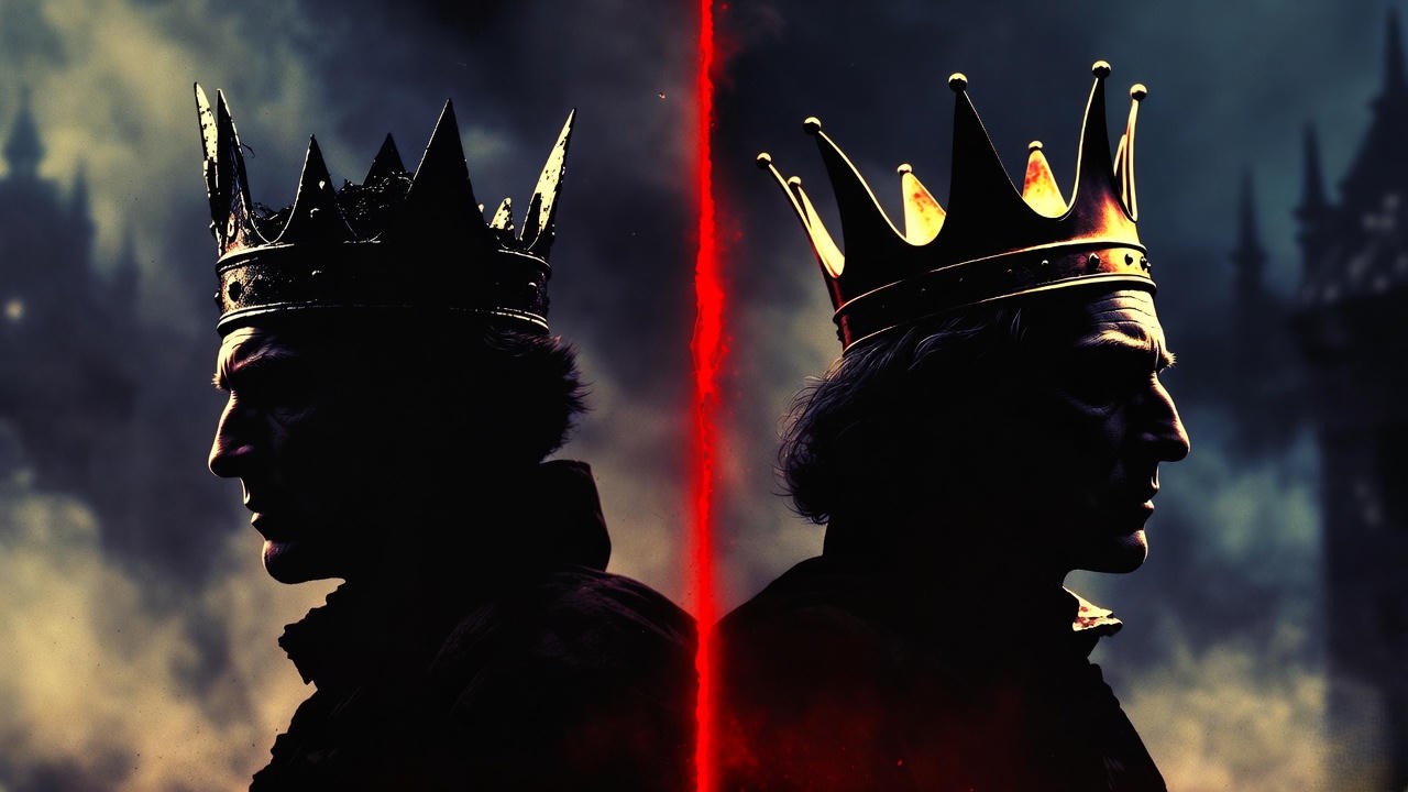 Two opposing crowned silhouettes symbolising antagonist and protagonist in Shakespearean drama