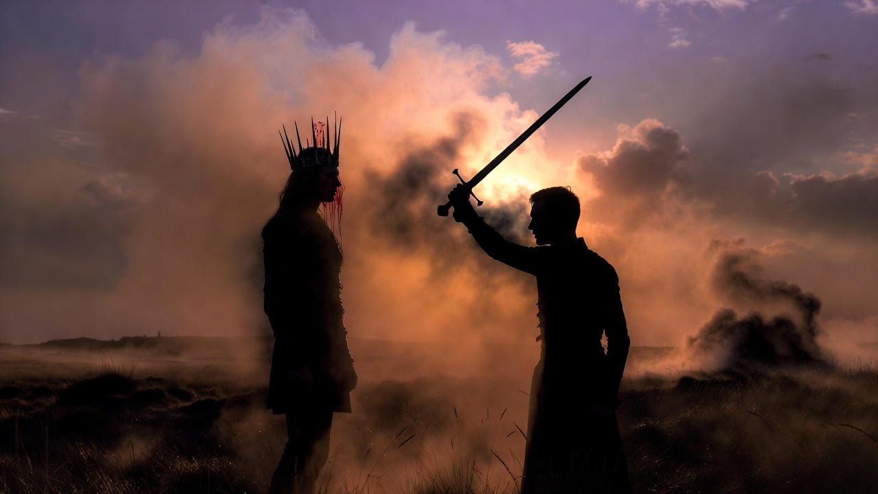 Macbeth and Macduff in silhouette on misty heath symbolising antagonist vs protagonist