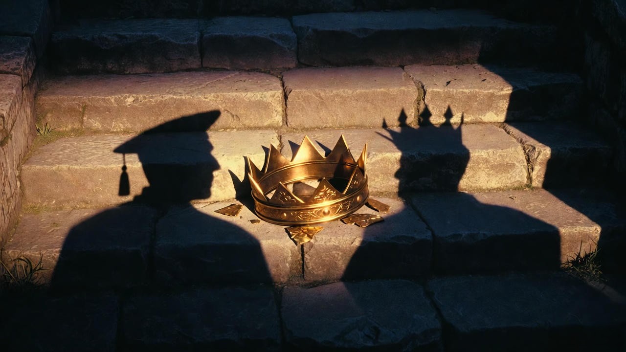 Broken crown between Hamlet and Claudius shadows representing contested legitimacy