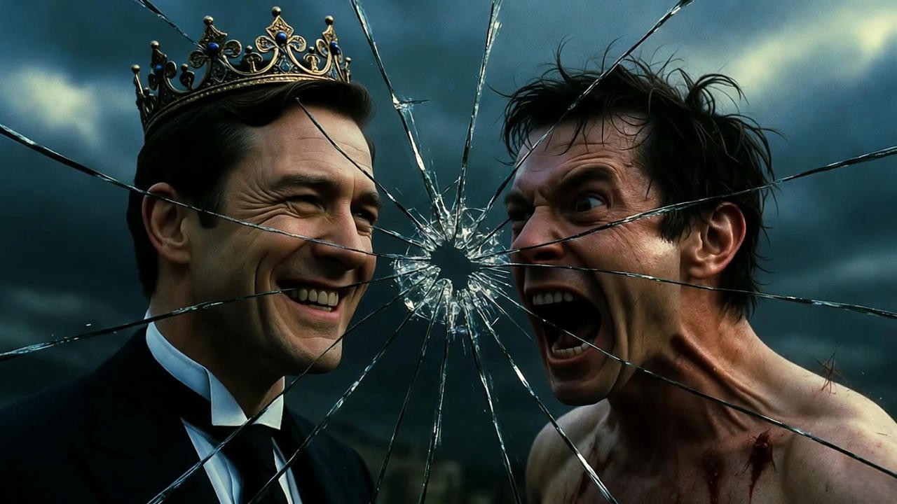 Cracked mirror showing king and madman – Shakespearean antagonist as dark reflection of protagonist