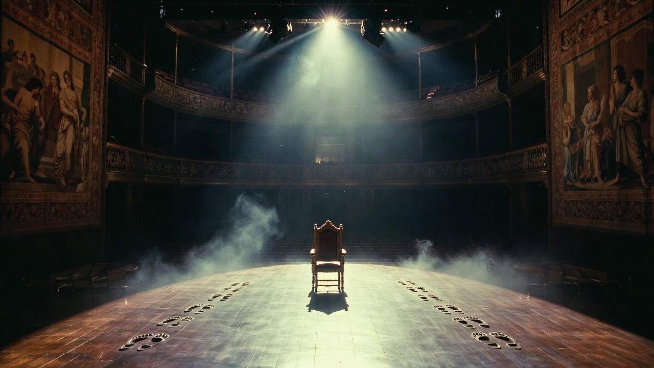 Empty throne under spotlight with opposing footprints – the ultimate Shakespearean struggle for centre stage