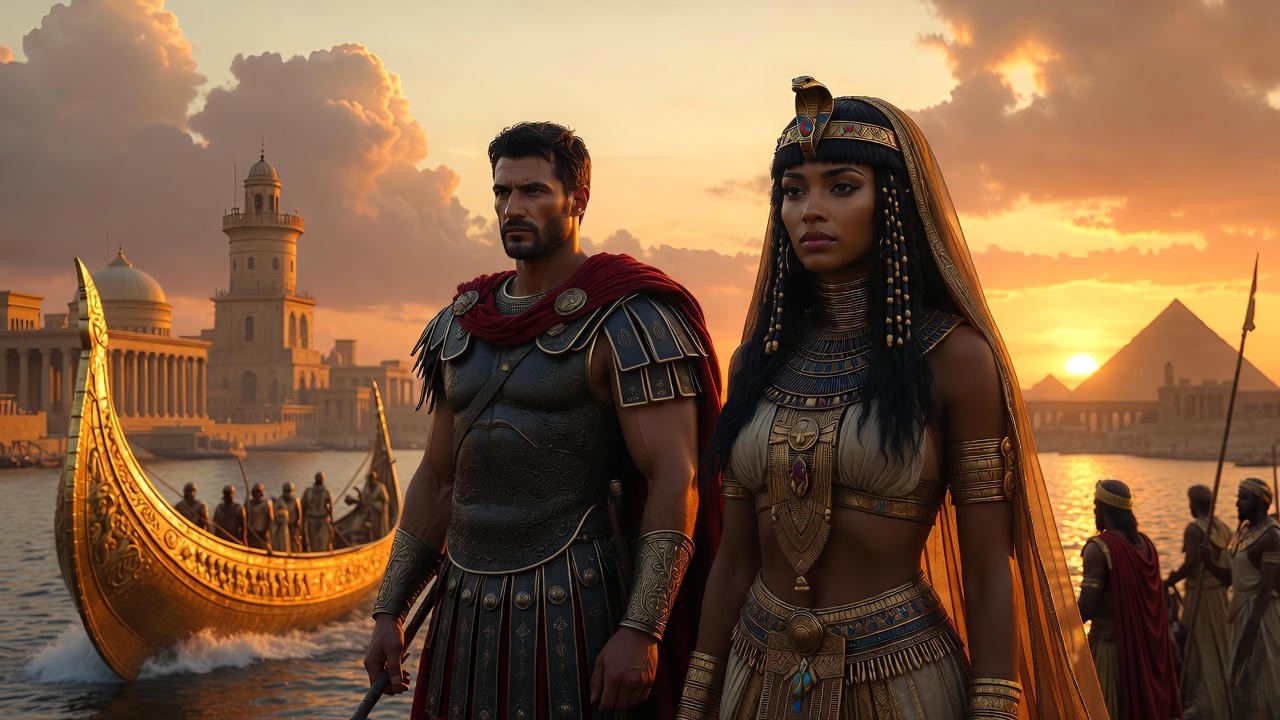 Historical depiction of Mark Antony and Cleopatra on Nile barge for Antony and Cleopatra brief summary context