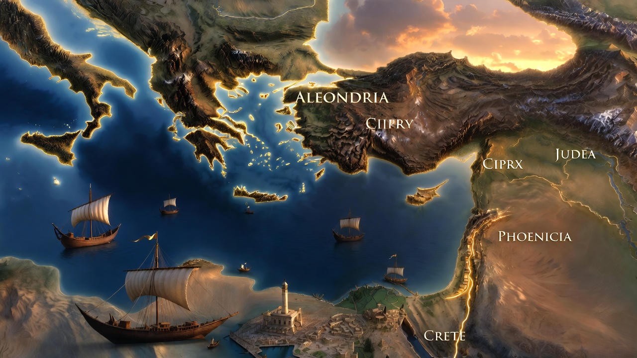 Cleopatra Mediterranean empire map showing Alexandria, Cyprus, Phoenicia trade routes and Ptolemaic territories in Shakespeare's era