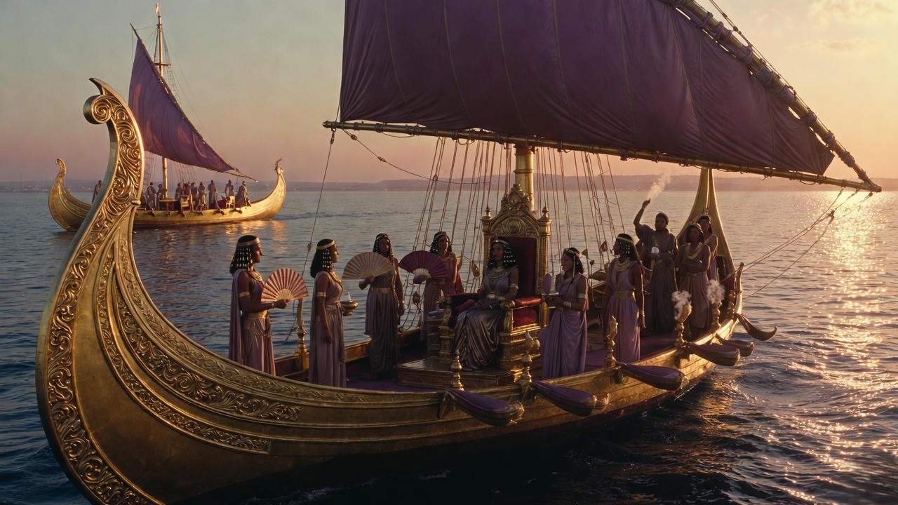 Cleopatra Mediterranean golden barge scene from Shakespeare with purple sails and burnished throne on Eastern seas