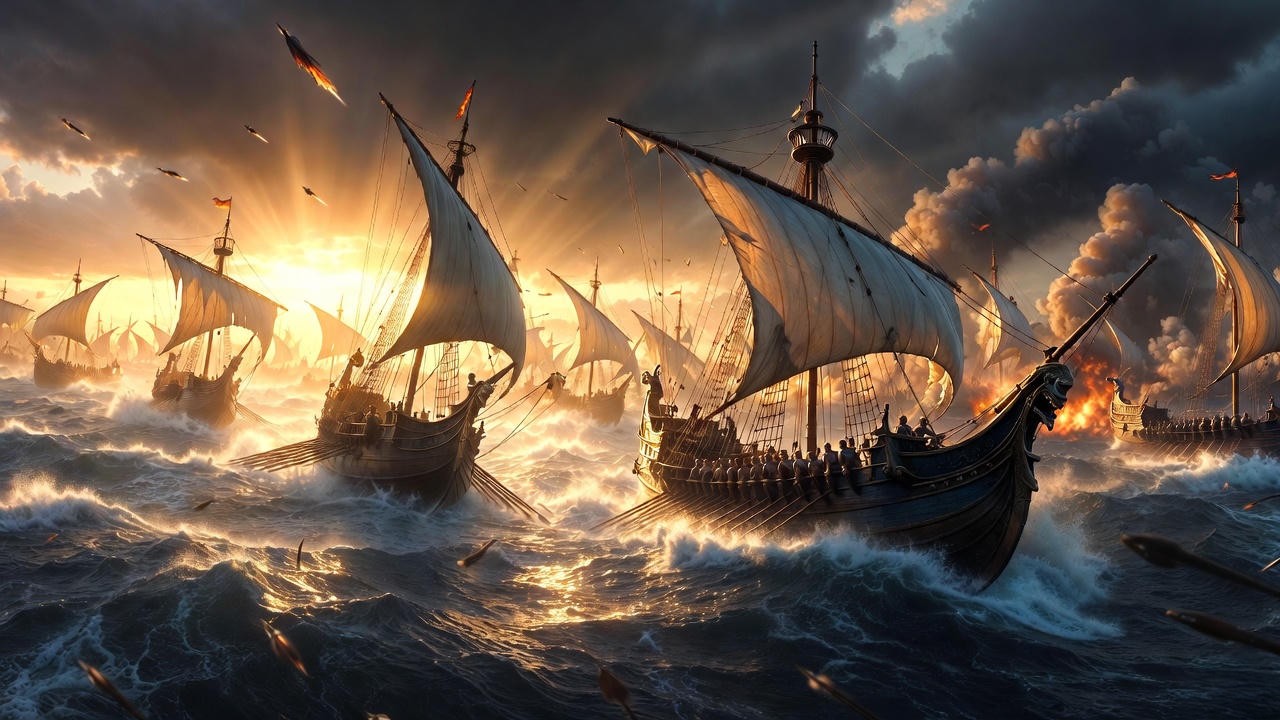 Battle of Actium Cleopatra Mediterranean ships fleeing in Shakespeare play with Antony naval defeat