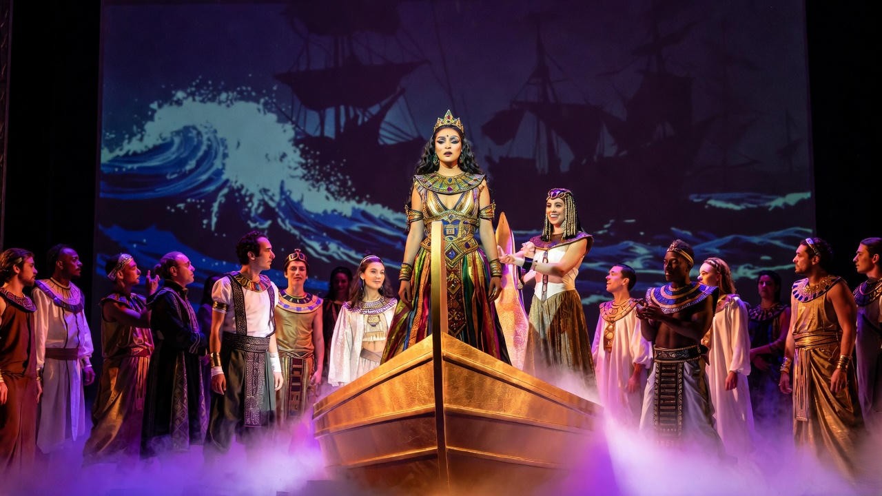 Modern Shakespeare production of Cleopatra Mediterranean queen on stage with barge and Eastern seas theme