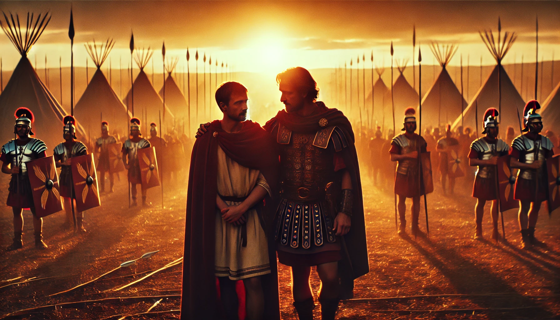 Enobarbus symbolically shown walking beside Antony, representing loyalty and inner conflict