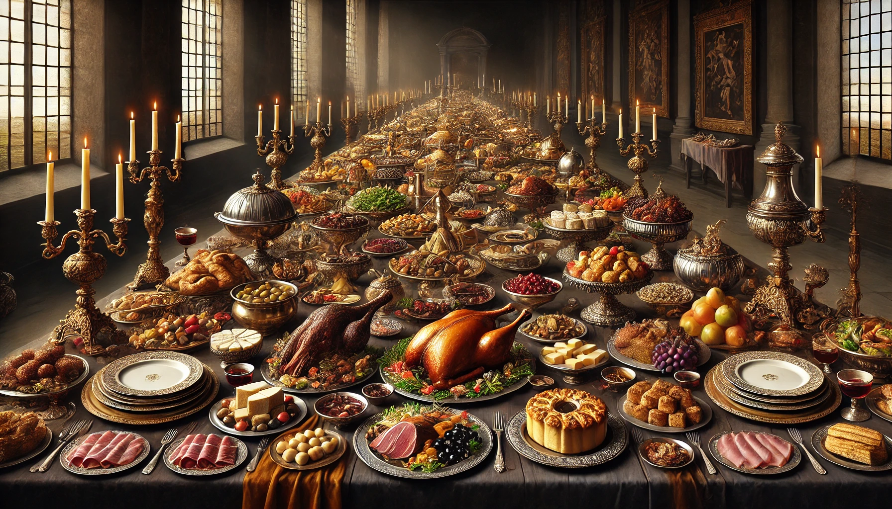 Reconstructed Renaissance Italian banquet menu with roasts, pies, fruits, and spiced dishes on a lavish table.