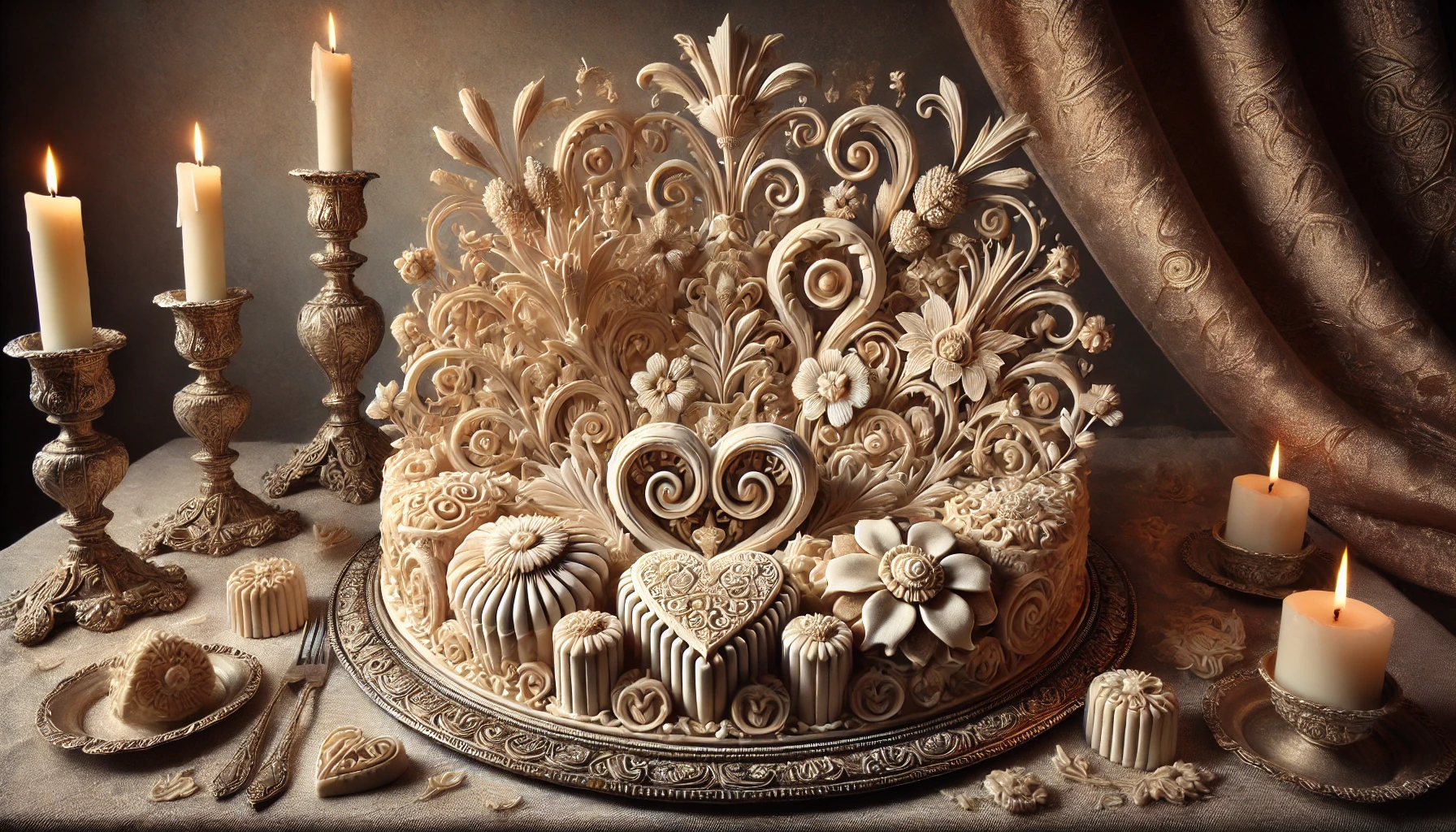 Sculpted Renaissance marchpane marzipan subtleties on a banquet platter.