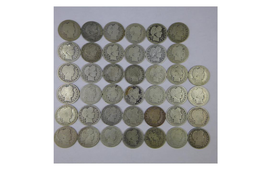 Barber Quarters Various Mint Marks Random Dates 90% Silver -40 Coin Roll Avg Circ AG-G 