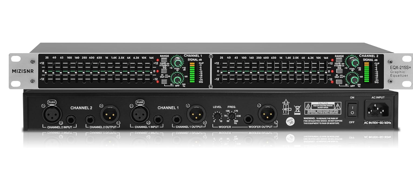 MIZISNR Stereo Graphic Equalizer 15-Band EQ for Home Audio System, Rack Mount Dual Channel Pro DJ Equalizer with Subwoofer Output, Noise Reduction (EQX-215S)
