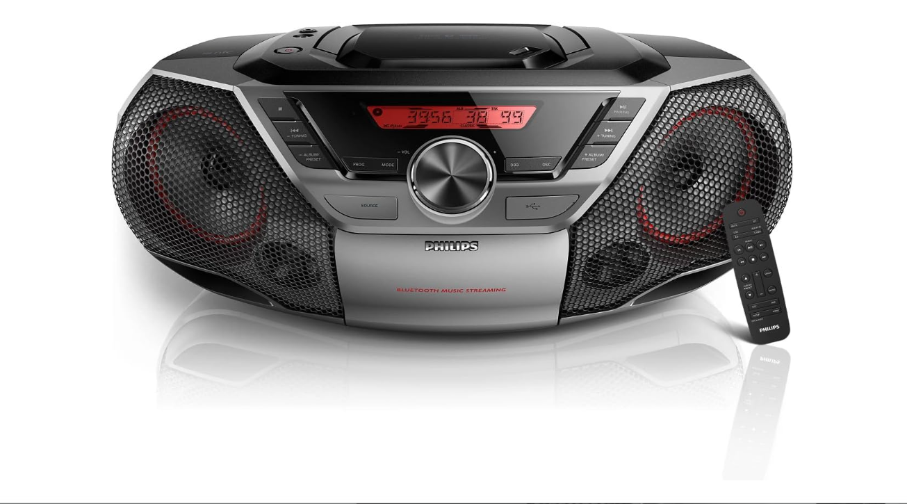 Philips Portable Boombox CD Player Bluetooth FM Radio MP3 Mega Bass Reflex Stereo Sound System with NFC, 12W, USB Input, Headphone Jack, and LCD Display
