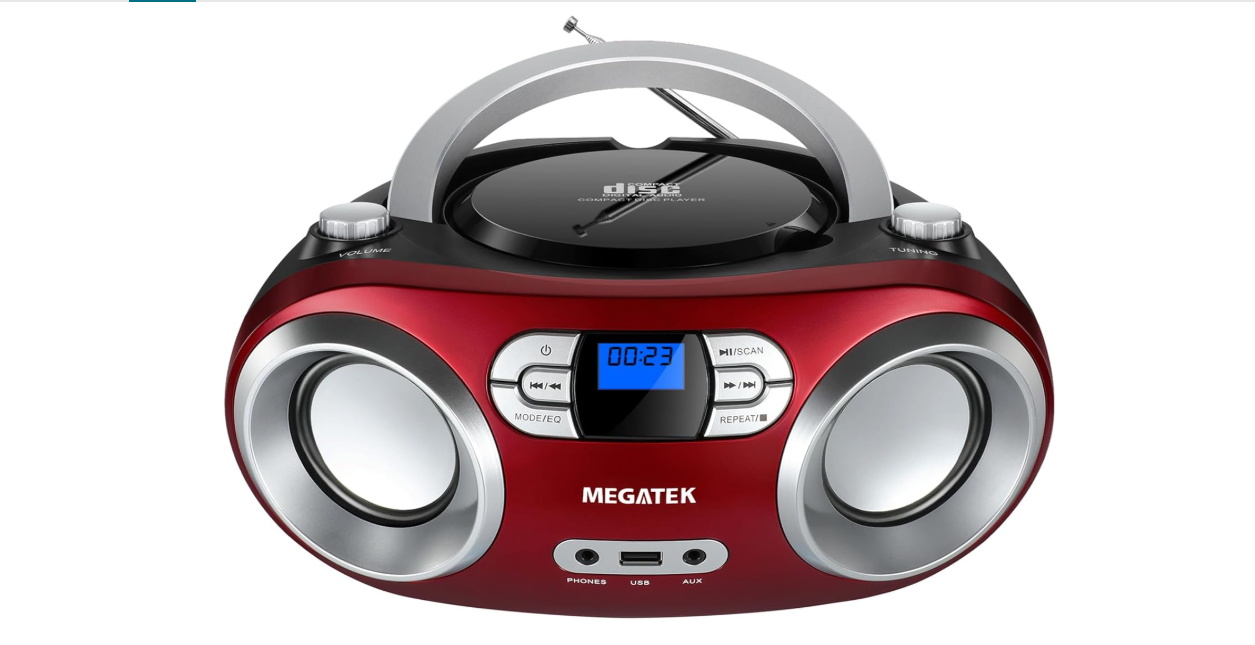 MEGATEK Portable CD Player Boombox with FM Radio, Bluetooth, USB Port, AUX Input, and Headphone Jack – CD-R/CD-RW/MP3-CD Compatible, Clear Stereo Sound,...
