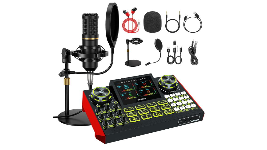 Podcast Microphone Bundle with Live Sound Card Audio Mixer, Podcast Equipment Bundle Sound Board with 3.5mm Condenser Microphone for Pc/Phone Live Streaming...
