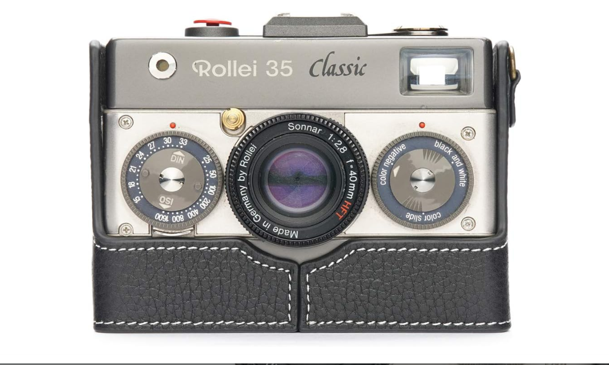 Rollei 35 Classic Case, BolinUS Handmade Genuine Real Leather Half Camera Case Bag Cover for Rollei 35 Classic/Royal Camera with Hand Strap (Black)