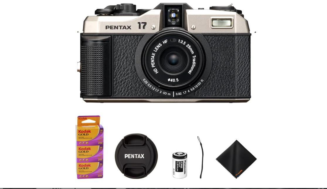Pentax 17 Compact Film Camera with Half-Frame Format, 25mm F3.5 Lens, Manual ISO 50-3200, 6 Zone Focus, Includes Kodak Gold 200 Color Negative 35mm Roll...