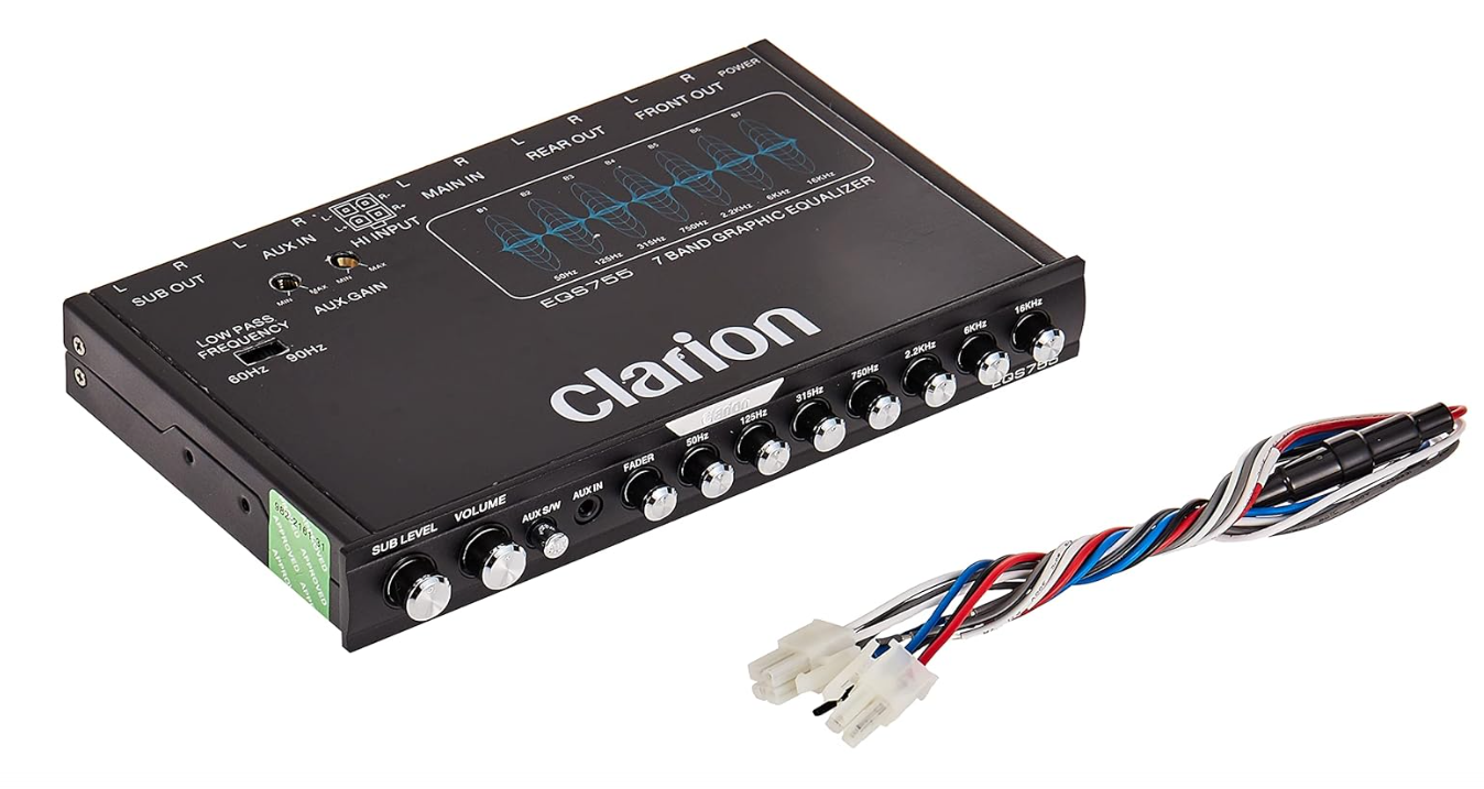 Clarion EQS755 7-Band Car Audio Graphic Equalizer with Front 3.5mm Auxiliary Input, Rear RCA Auxiliary Input and High Level Speaker Inputs, BLACK
