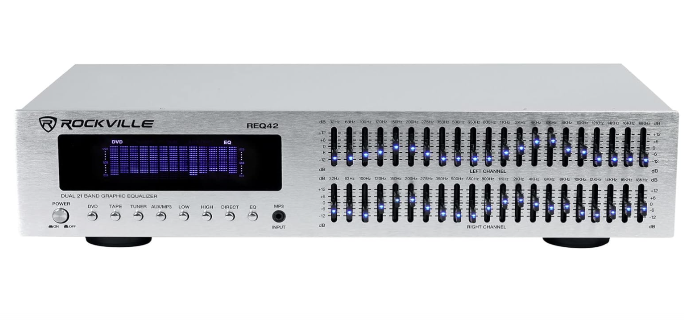Rockville REQ42-S Dual 21-Band Graphic Equalizer, Blue LED Sliders, RCA Inputs, Rack Mountable, for Home Theater and DJ Audio
