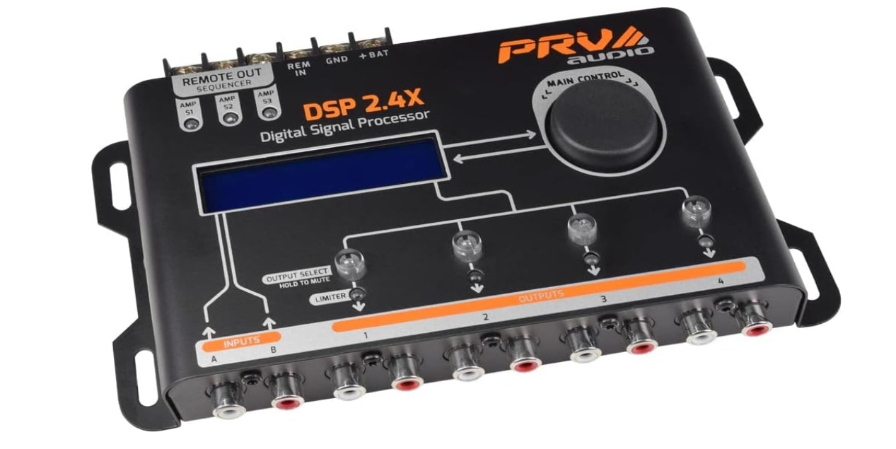 PRV AUDIO Car Audio DSP 2.4X Digital Crossover and Equalizer 4 Channel Full Digital Signal Audio Processor DSP with Sequencer Remote Relay
