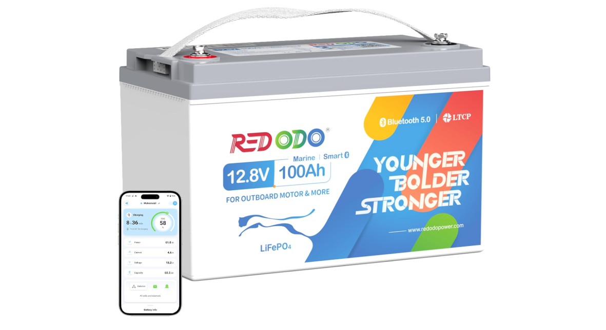 Redodo 12V 100Ah LiFePO4 Battery Bluetooth, Group 31 Deep Cycle Lithium Battery, 5P5S, Latest 100A BMS, Max. 32kW, Up to 15000 Cycles, Perfect for Trolling... 